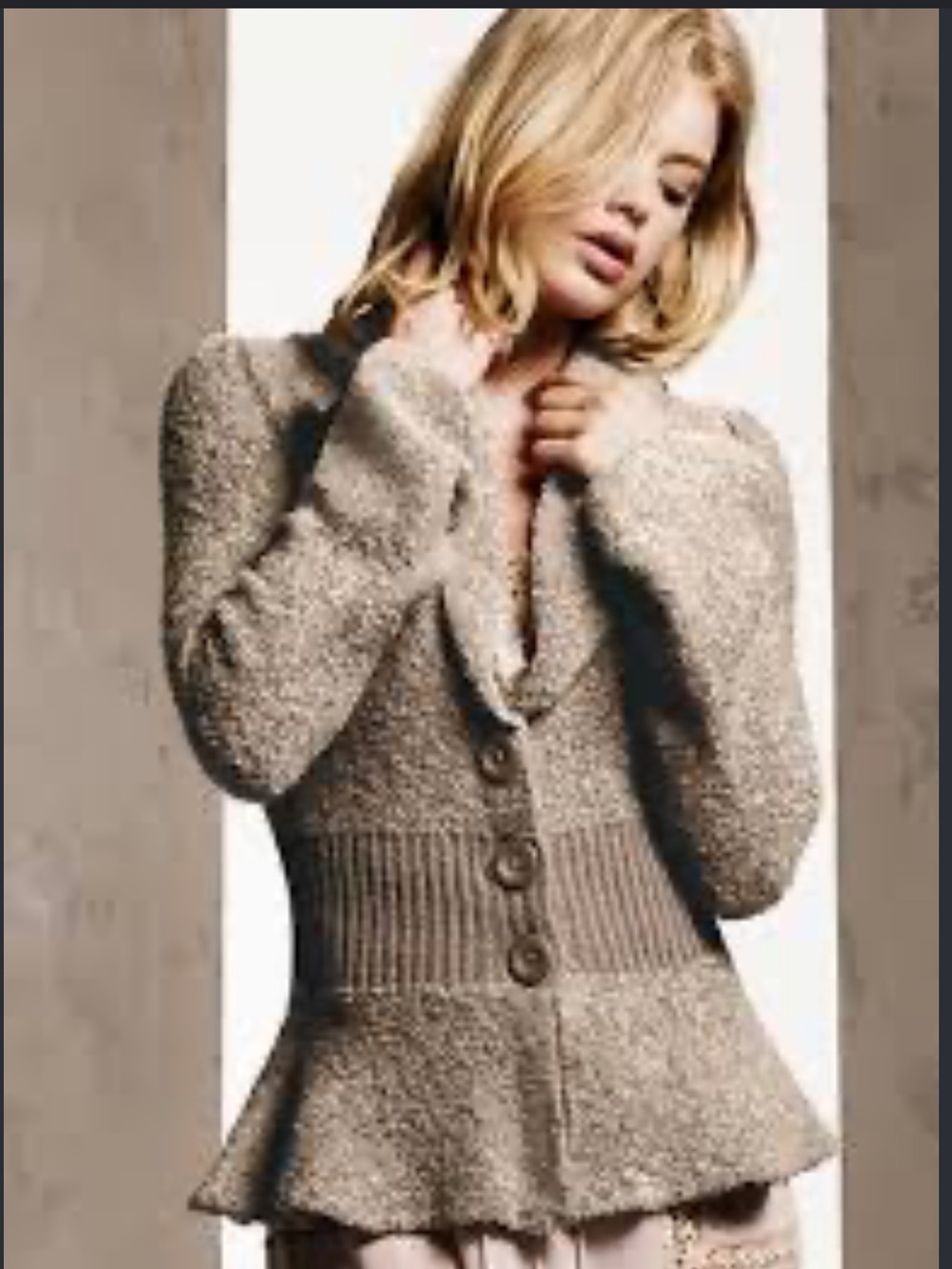 NWT Moda International Taupe Brown Textured Collar Peplum Cardigan Wool Blend